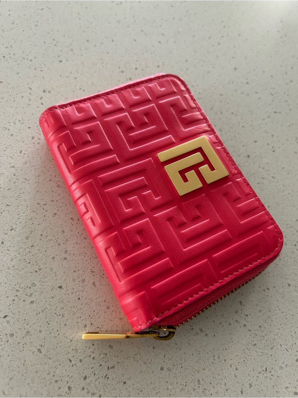 Balmain Pink Leather Zip Card Wallet with Box